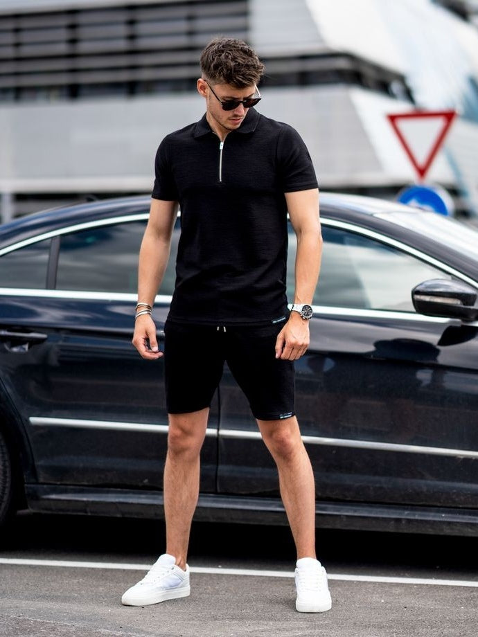 Black Zipper Polo Short Set